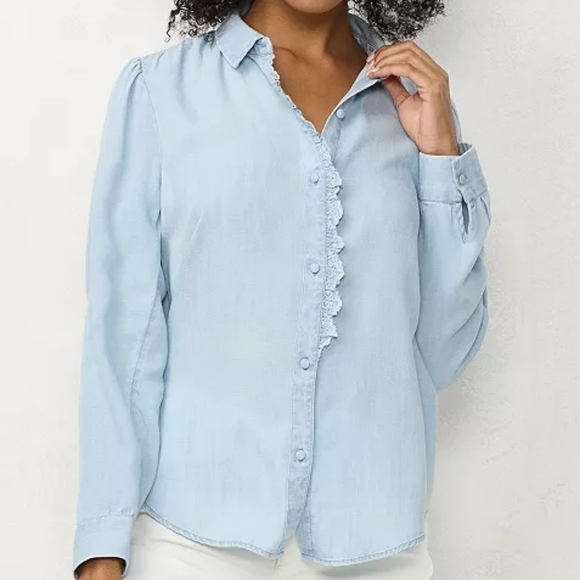 LC Lauren Conrad Tops - LC Lauren Conrad Button Front Shirt Light Blue Chambray Plus Size 2X